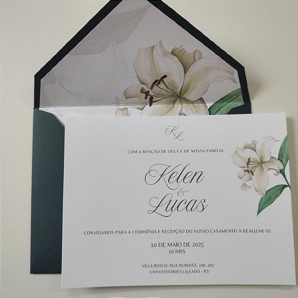 Convite Casamento c/ Envelope Forrado Verde Escuro Lírio com lacre