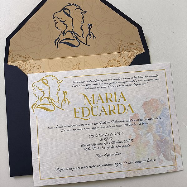 Convite 15 anos / Debutante C/ Envelope Forrado Bela e a Fera