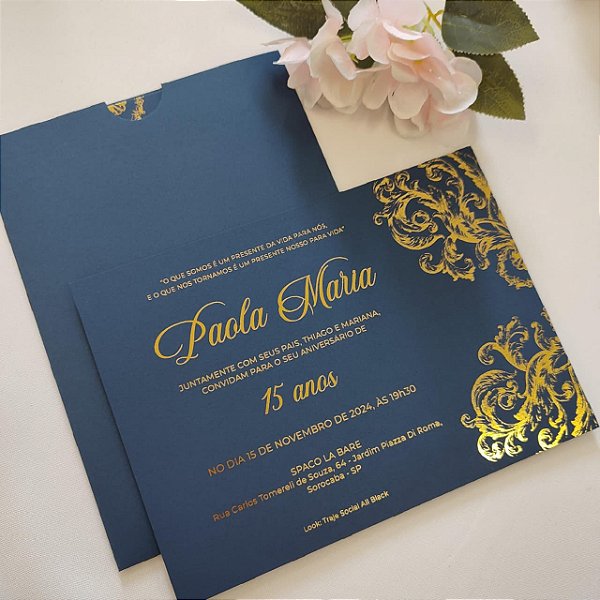 Convite 15 anos / Debutante C/ Envelope Luva Azul Escuro