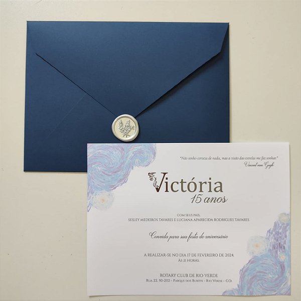 Convite 15 anos / Debutante C/ Envelope Azul Escuro Noite Estrelada Lacre de Cera Prata