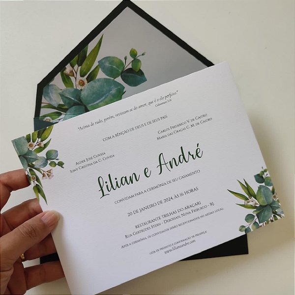 Convite Casamento Envelope Forrado Eucalipto Verde Escuro