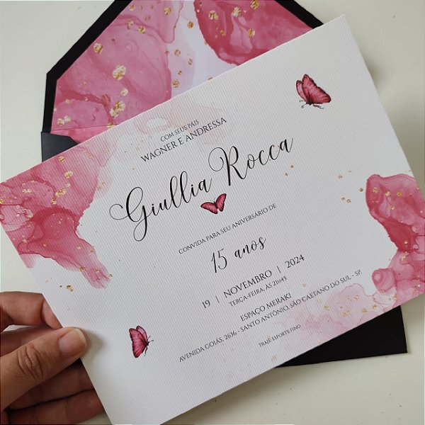 Convite 15 anos / Debutante C/ Envelope Preto Forrado