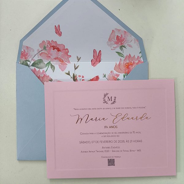 Convite 15 anos / Debutante C/ Envelope Forrado Metalizado Borda em Relevo