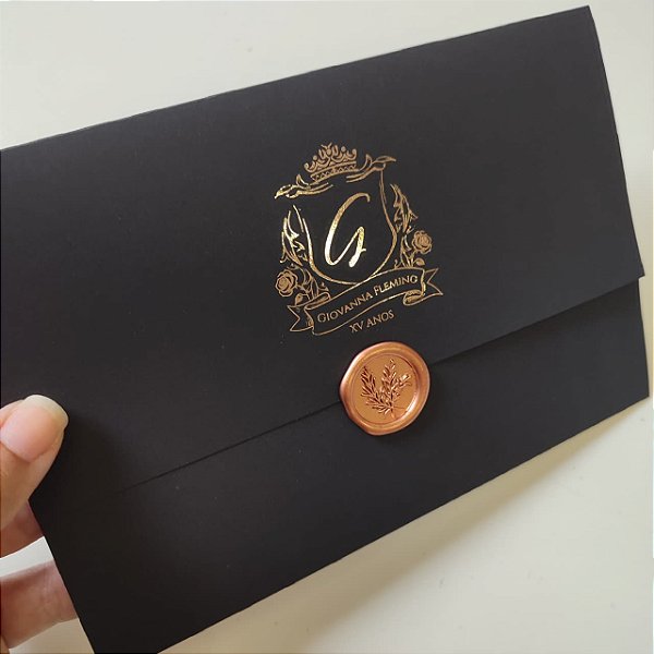 Convite 15 Anos Debutante Envolto Preto Monograma Rosê Gold Metalizado Lacre