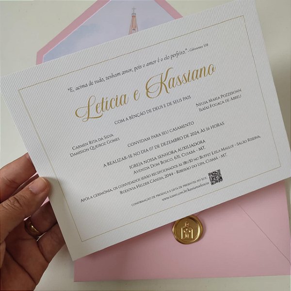 Convite Casamento Envelope Aquarela Rosa c/ Borda Relevo e lacre de cera