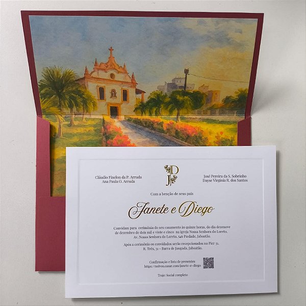 Convite Casamento Aba Reta Marsala Metalizado Borda Relevo