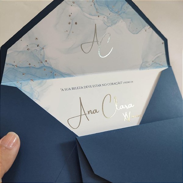 Convite 15 Anos Debutante Azul Escuro com Metalizado Lacre