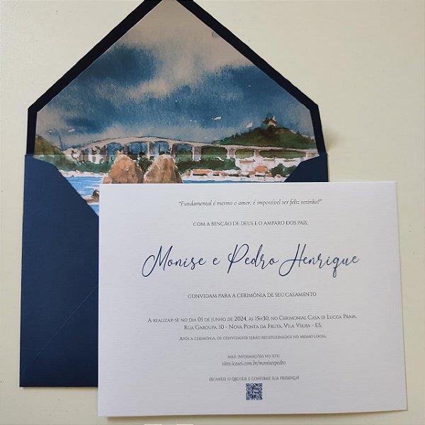 Convite Casamento Azul Escuro forrado Aquarela Casa Di Lucca Praia