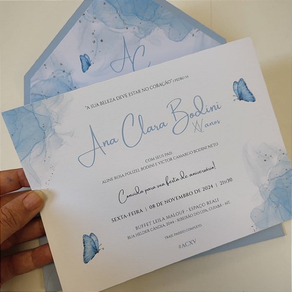 Convite 15 Anos Debutante Forrado Azul Serenity Borboleta