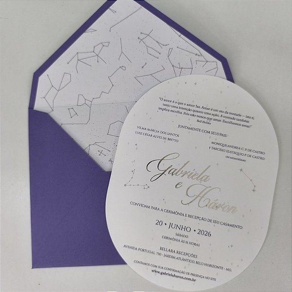 Convite Casamento Forrado Convite Oval Lilás com Metalizado Prata