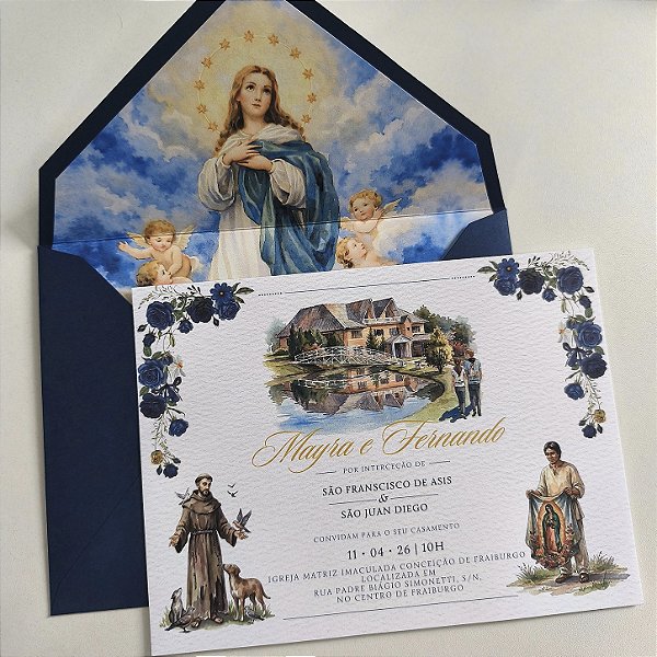 Convite Casamento Forrado Azul Escuro Imaculada Conceição
