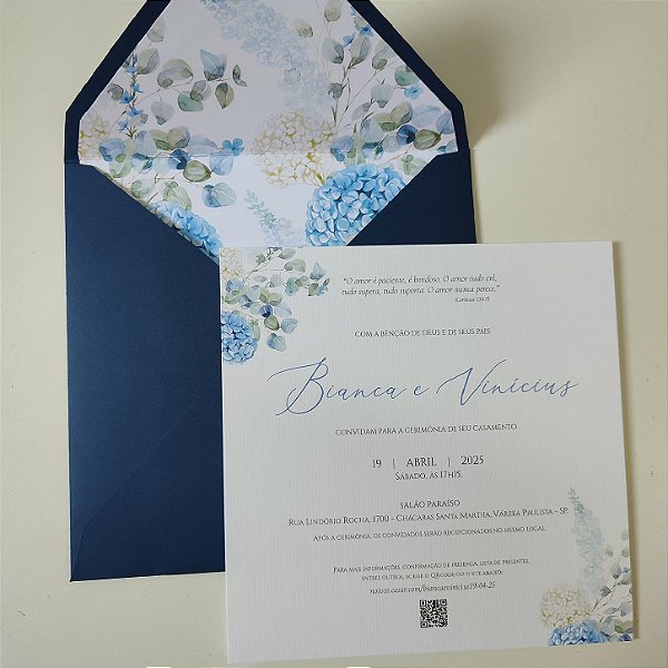 Convite Casamento Envelope Quadrado Forrado Azul Escuro com Lacre de Cera