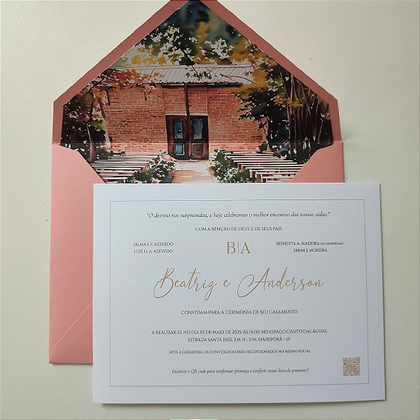 Convite Casamento Envelope Forrado Aquarela Rosa