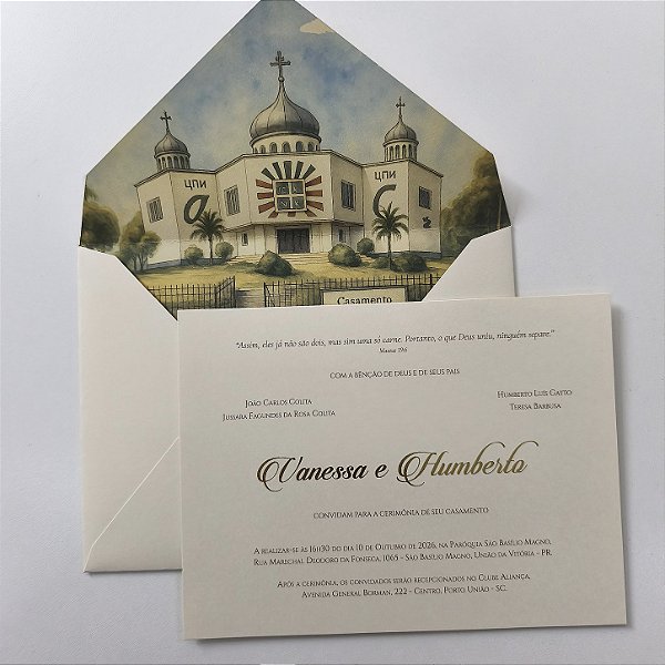 Convite Casamento Forrado Marfim Metalizado Dourado