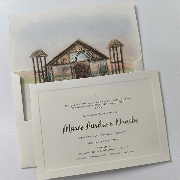 Convite Casamento Envelope Luxo Aba reta Marfim Aquarela Lacre de Cera Borda Relevo Metalizado Relevo Seco