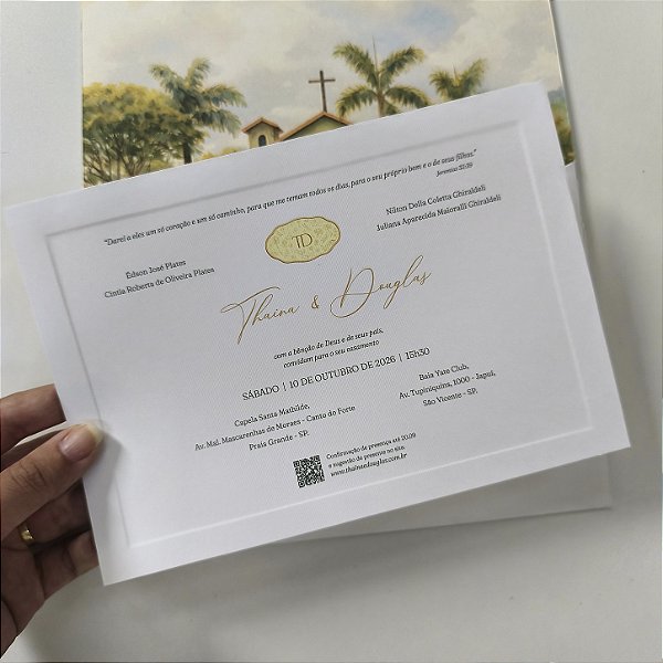 Convite Casamento Envelope Forrado Janela Aba Reta Aquarela Borda Relevo