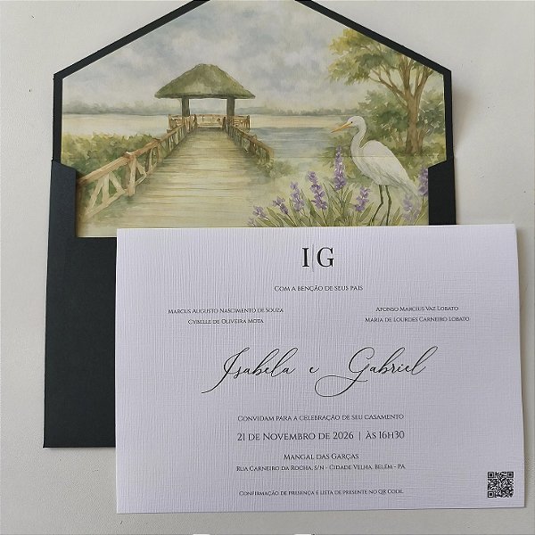 Convite Casamento Envelope Grande Verde Escuro Aquarela
