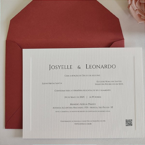 Convite Casamento c/ Envelope Marsala Borda Relevo