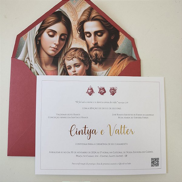 Convite Casamento Envelope Forrado Sagrada Família Marsala Metalizado Dourado