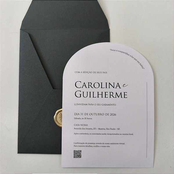Convite Casamento Verde Escuro Vertical Arredondado Lacre de Cera Dourado