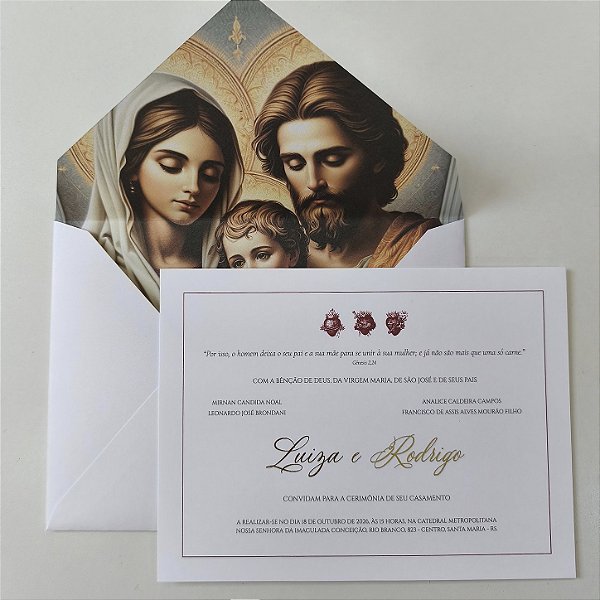 Convite Casamento Envelope Forrado Branco Sagrada Família com metalizado Dourado