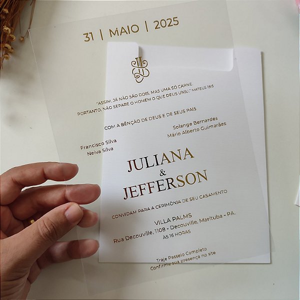 Convite de Casamento Branco Vertical Luva em Acetato Dourado
