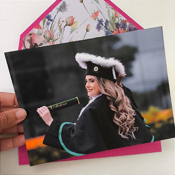 Convite de Formatura c/ Envelope Forrado Rosa Pink Frente e Verso Foto