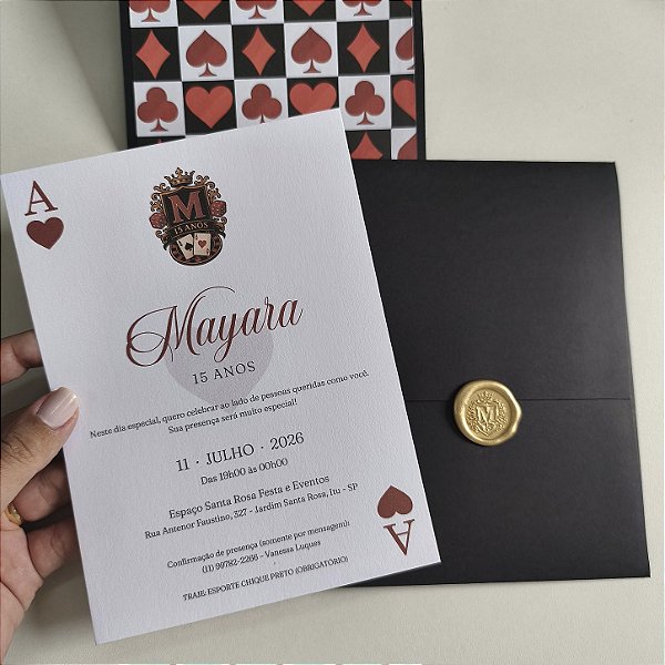 Convite Casamento Forrado Vertical Preto Alice no pais das maravilhas Lacre de Cera