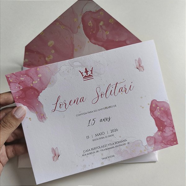Convite 15 anos / Debutante C/ Envelope Rosa Pink Lacre de Cera Rosa