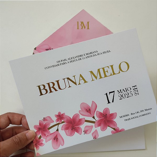 Convite 15 anos / Debutante com Envelope Branco Forrado Rosa Pink Metalizado Dourado