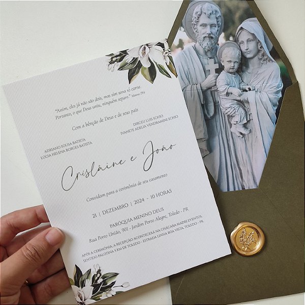 Convite Casamento Verde Oliva Vertical Sagrada Família Lacre de Cera Dourado