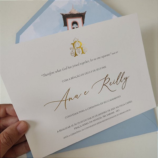 Convite Casamento C/ Envelope FORRADO Azul Serenity Aquarela Metalizado Dourado