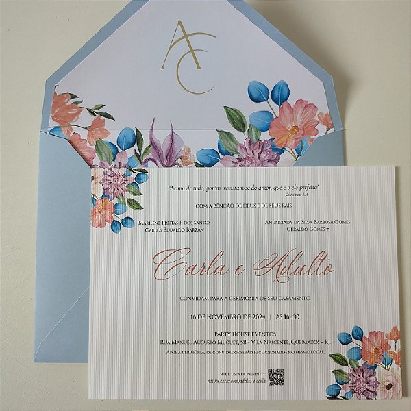 Convite Casamento C/ Envelope FORRADO Azul Serenity Floral
