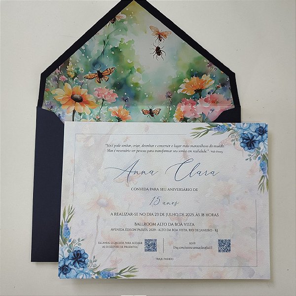 Convite 15 anos / Debutante C/ Envelope Azul Escuro Jardim Encantado