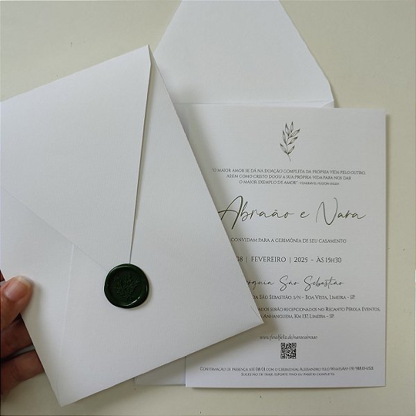 Convite Casamento Branco Fosco Vertical Minimalista com lacre de cera