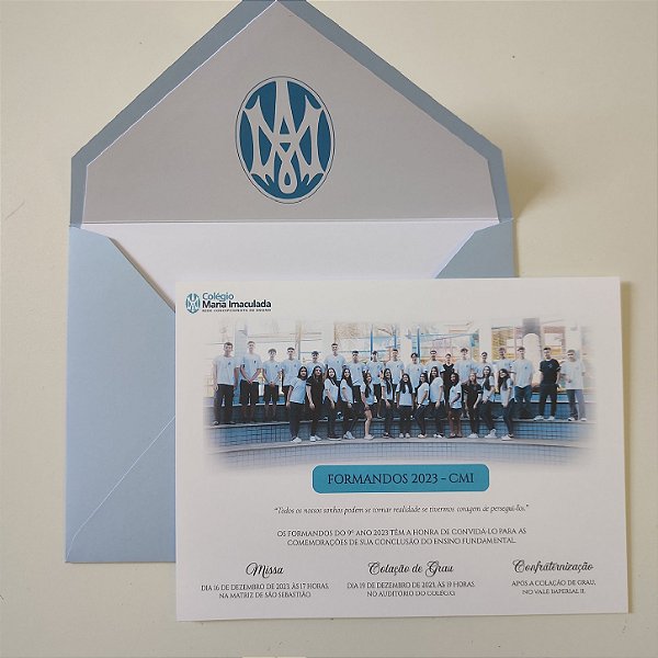 Convite de Formatura c/ Envelope Forrado Azul Serenity Nono Ano Colégio Maria Imaculada