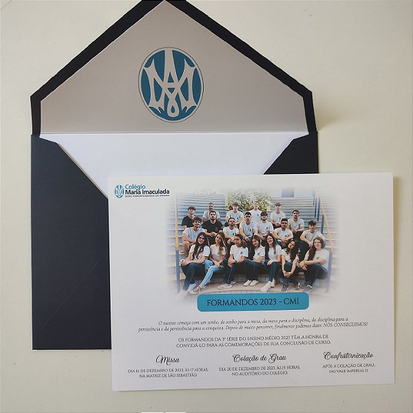 Convite de Formatura c/ Envelope Forrado Azul Escuro Ensino Médio Colégio Maria Imaculada