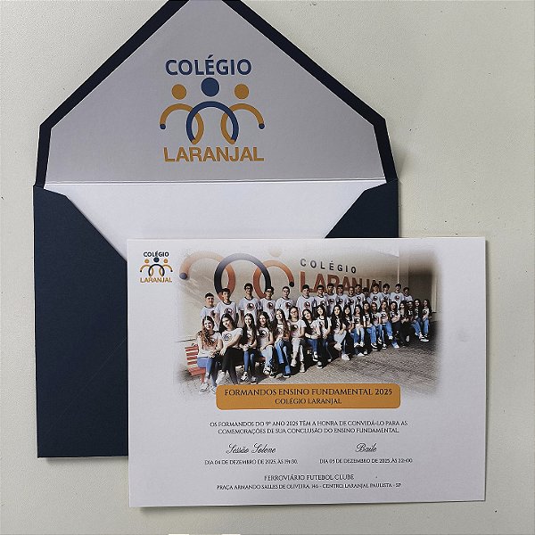 Convite de Formatura c/ Envelope Forrado Azul Escuro Ensino Médio Colégio Laranjal
