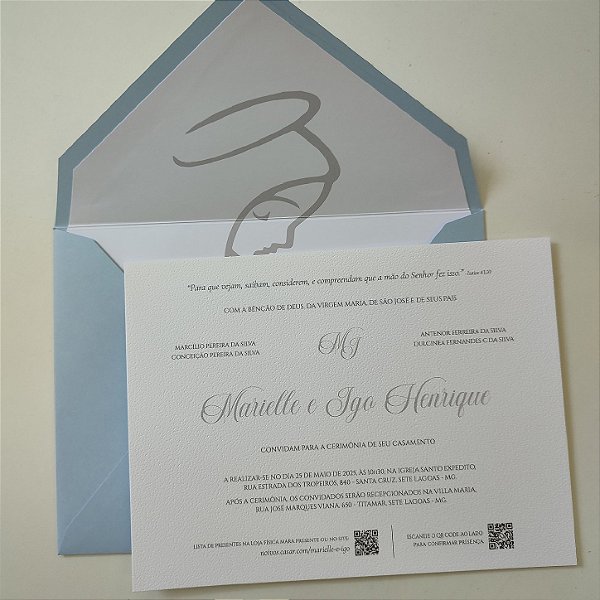 Convite Casamento Forrado Azul Serenity Nossa Senhora das Graças