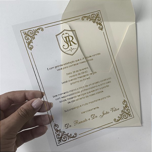 Convite Corporativo Vertical Marfim JR Saúde Acetato Dourado Lacre de Cera Dourado