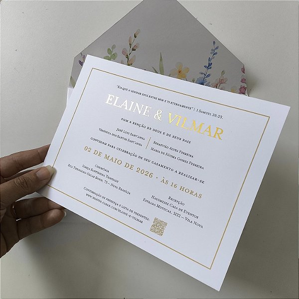 Convite Casamento c/ Envelope Forrado Floral Tons Pasteis c/ Metalizado Dourado