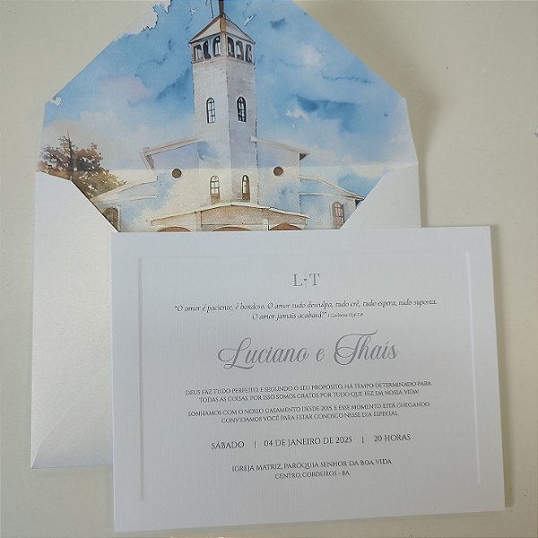 Convite Casamento Iniciais no envelope Aquarela Borda Relevo Metalizado fechamento em Imã
