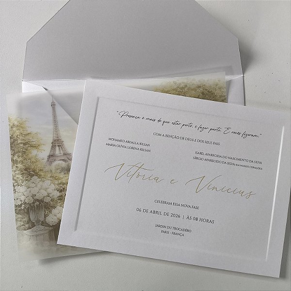 Convite Casamento Branco Capa Vegetal Aquarela Borda Relevo