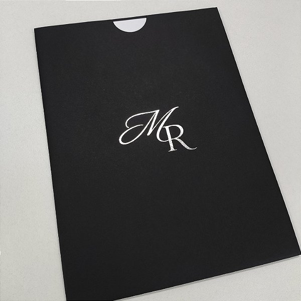 Convite Casamento Envelope Vertical Luva Preto com Metalizado