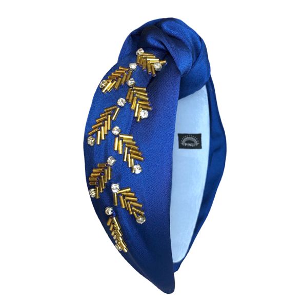 Turbante de Cetim Azul Royal com Bordado Dourado