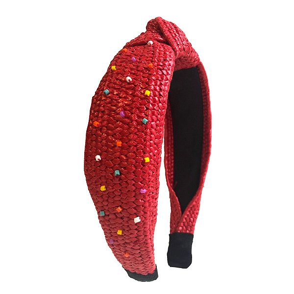 Turbante de Ráfia Vermelho com Miçangas Coloridas