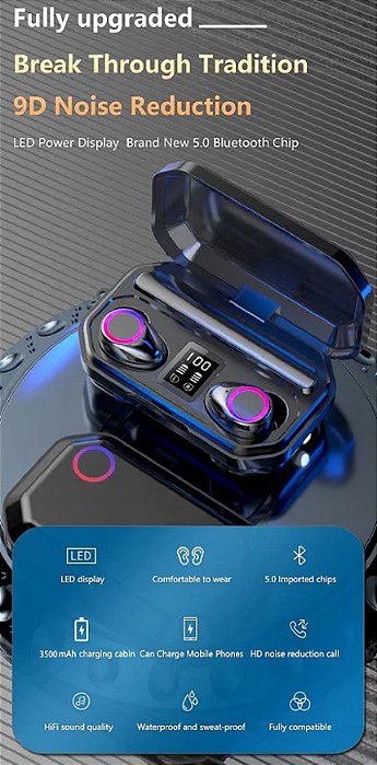 Fones de ouvido 3500mah sem fio  controle toque bluetooth 5.0