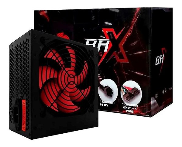 Fonte Atx 650w Bivolt Automático B-S650W Brx Cooler Vermelho Baixo Ruído Acústico Proteção Circuito