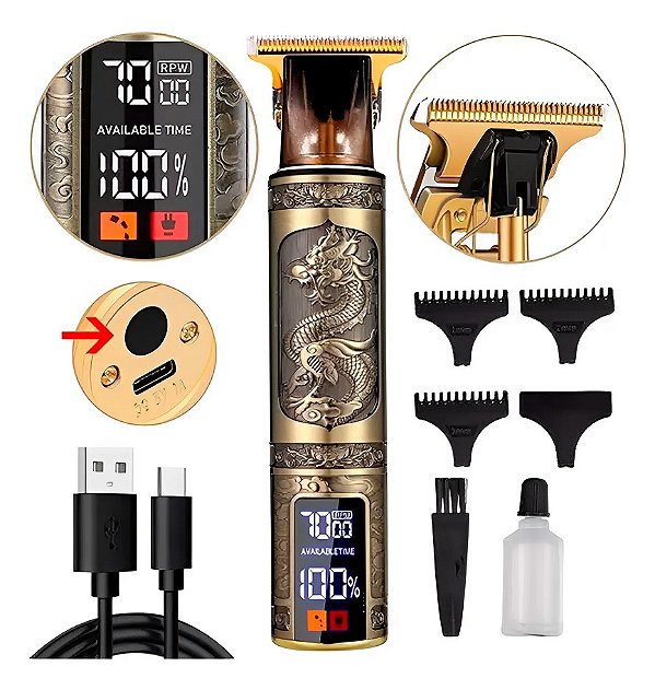 Maquina Acabamento Recarregável Cabelo Barba Sem Fio Digital