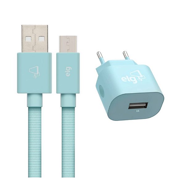 Kit de Parede Universal ELG 1 Saída USB + Cabo Micro USB 1 Metro para Recarga - KT510WLBE Azul Turquesa - BIVOLT